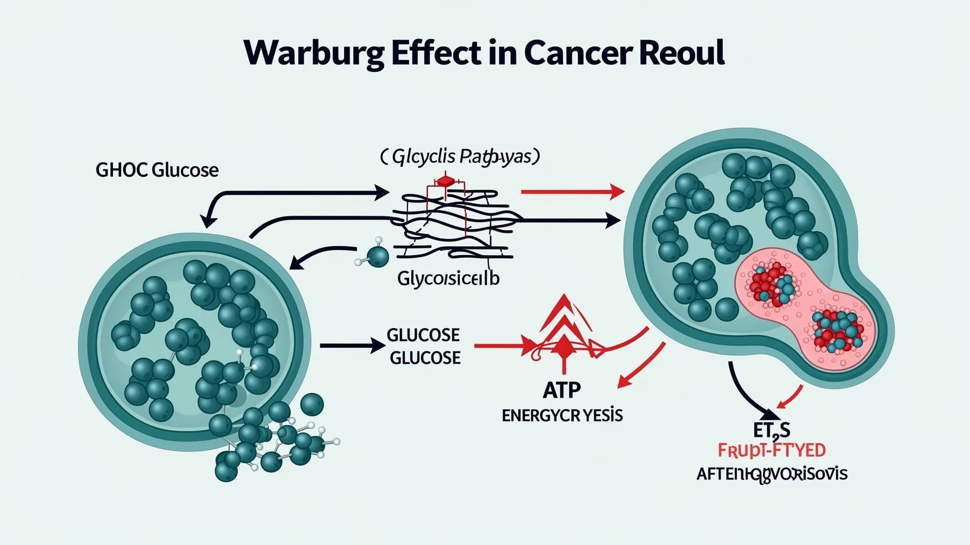 Warburg effect diagram showing glycolysis pathway disruption