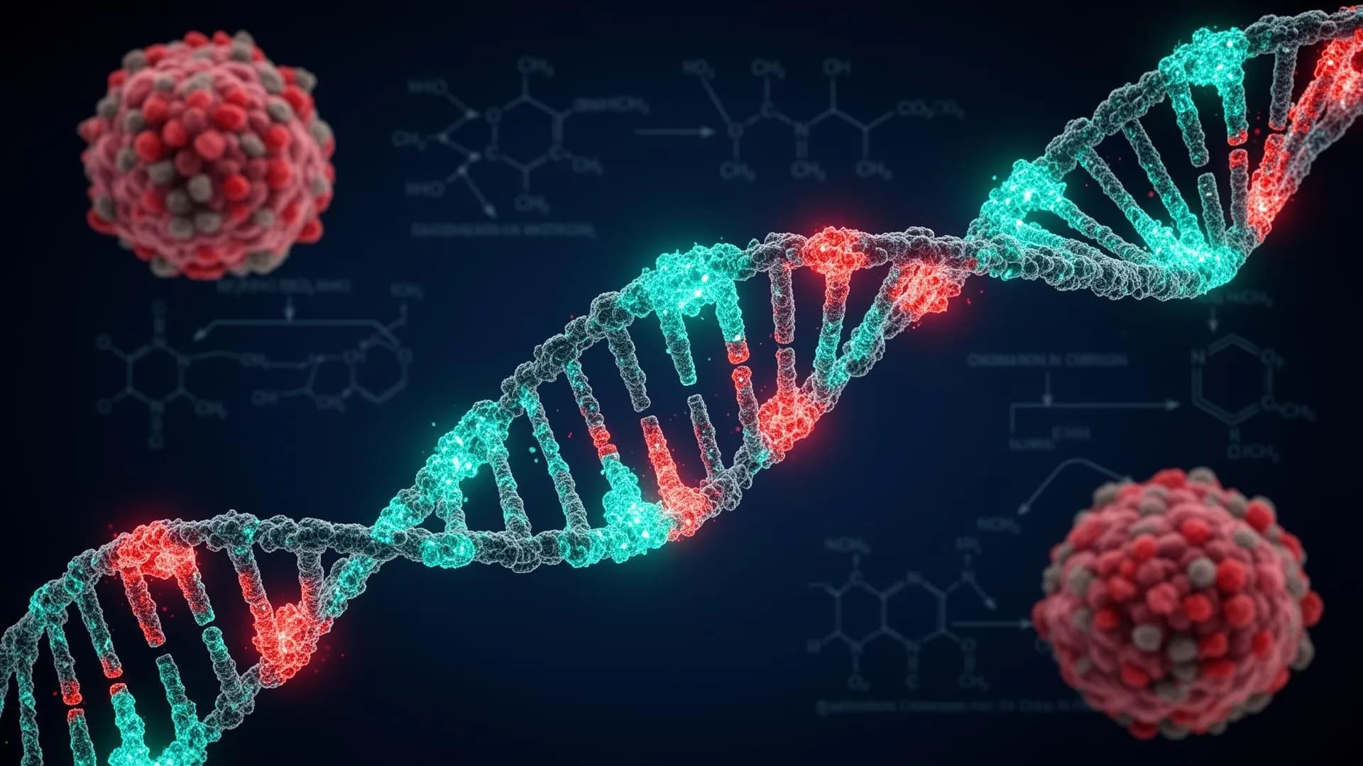 DNA double helix with highlighted mutations representing glioblastoma genetic alterations