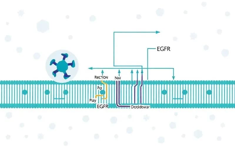 Receptor tyrosine kinase signaling pathway illustration showing EGFR on cell membrane