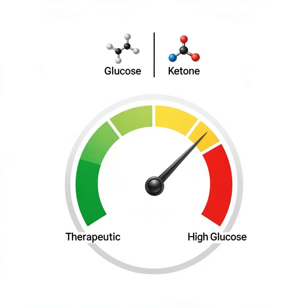 GKI Formula infographic showing the calculation GKI = Glucose mmol/L divided by Ketones mmol/L, with therapeutic zones: 1-3 (therapeutic ketosis for cancer), 3-9 (moderate ketosis), 9+ (high glucose dominance)