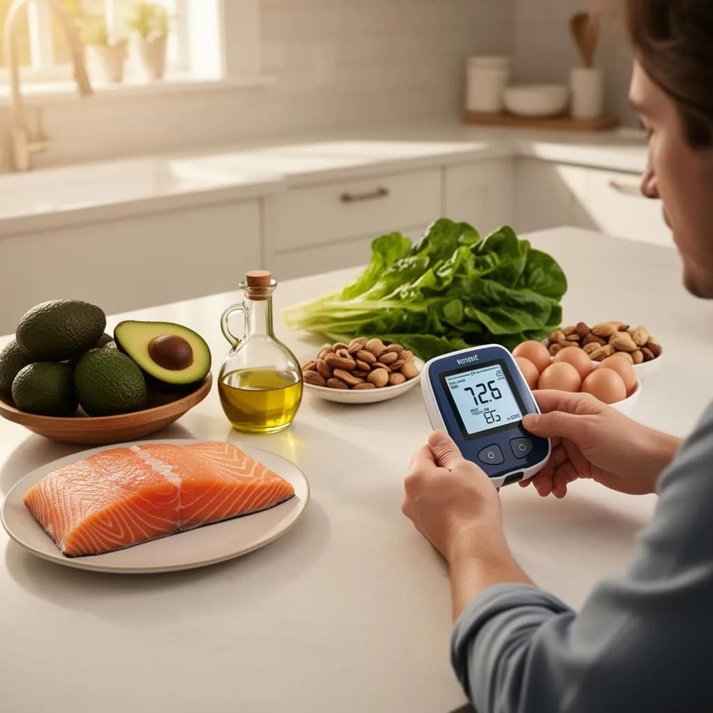 Person using a dual blood glucose and ketone meter at a kitchen table surrounded by healthy ketogenic foods including avocado, salmon, olive oil, and leafy greens