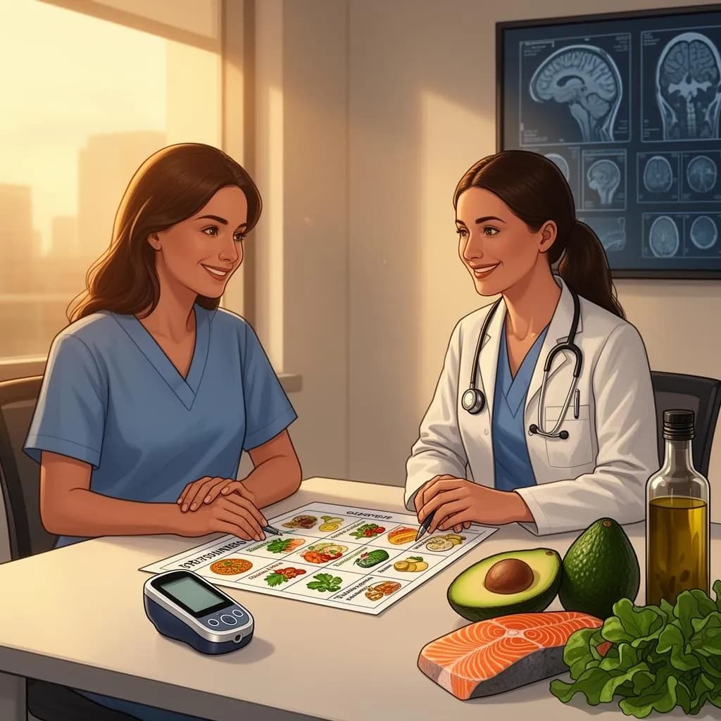 Patient and dietitian reviewing a ketogenic meal plan together in a clinical office with brain scans visible on a wall monitor