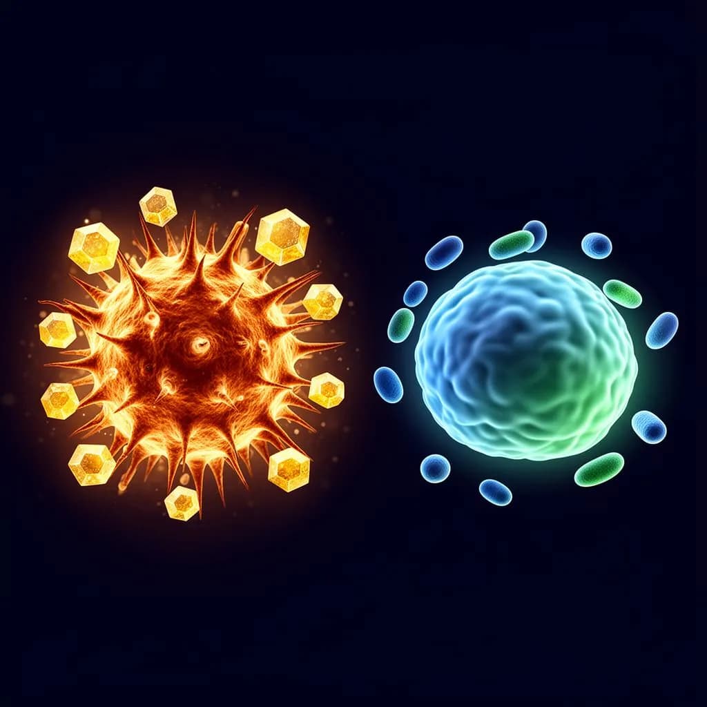 Medical illustration showing cancer cells consuming glucose through the Warburg Effect while healthy cells can use both glucose and ketones