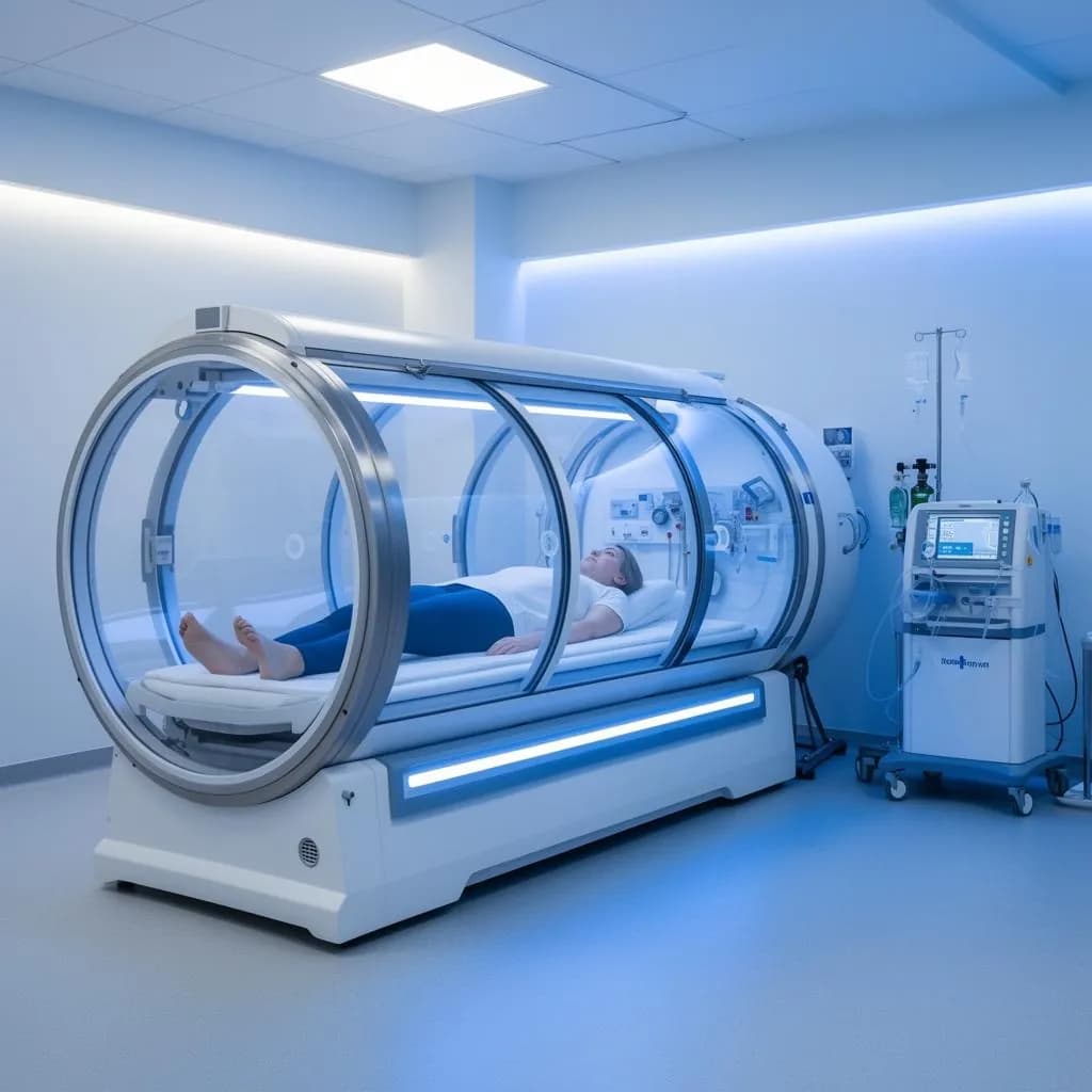 Patient receiving hyperbaric oxygen therapy in a modern clinical chamber