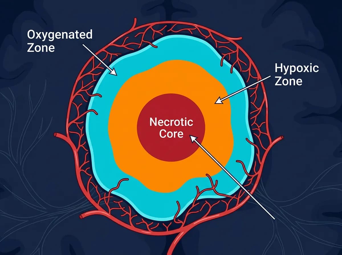 Diagram showing tumor hypoxia with oxygen-deprived core of a glioblastoma tumor