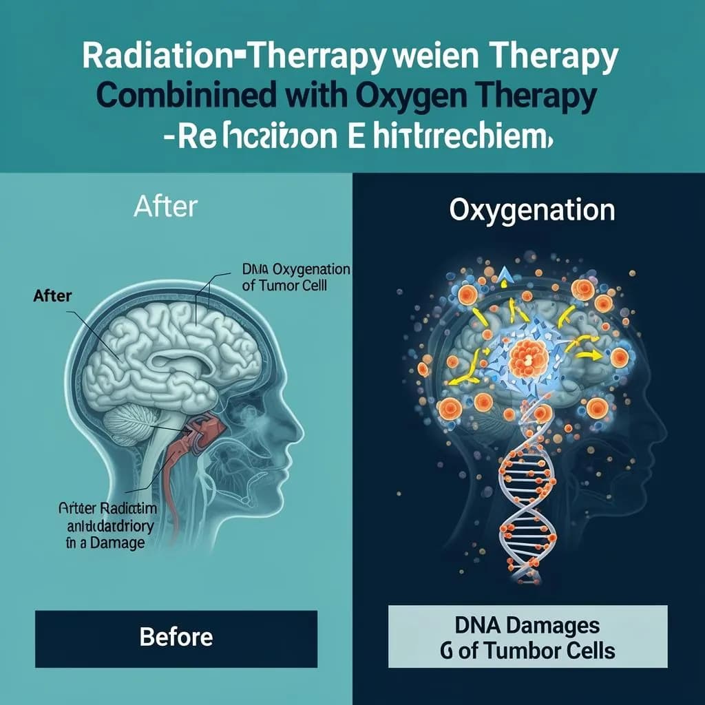 Illustration showing how oxygen therapy enhances radiation damage to tumor cell DNA