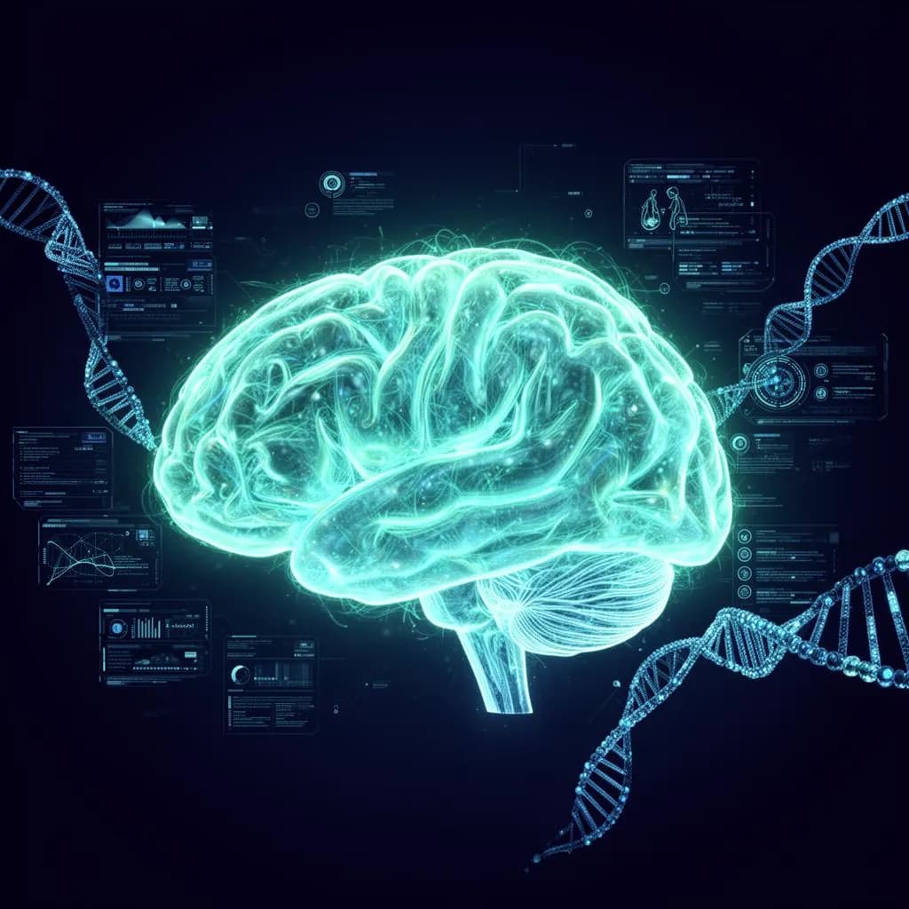 High-tech 3D brain visualization with neural pathways and DNA strands